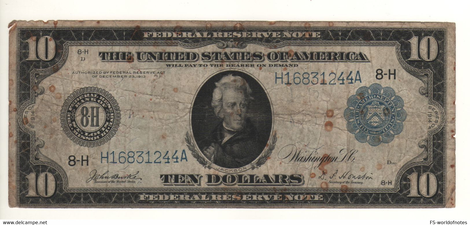 USA    $ 10  Large Size  P360nH  Dated 1914   " Blue Seal St. Louis  -  President Andrew Jackson, + Farmers & Factory" - United States Notes (1862-1923)