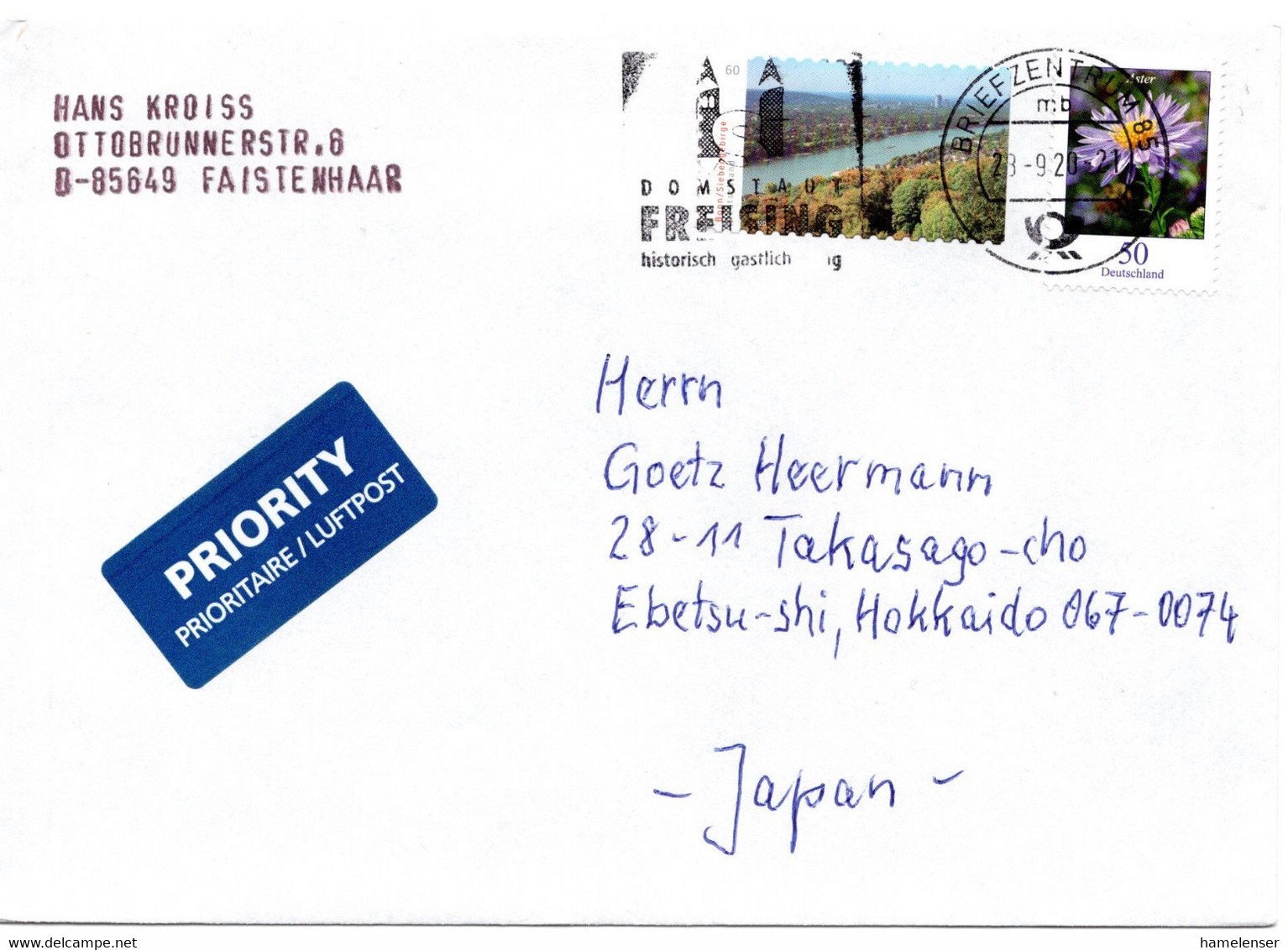 59241 - Bund - 2020 - 50c Blumen MiF A Bf BRIEFZENTRUM 85 - DOMSTADT FREISING -> Japan - Covers & Documents