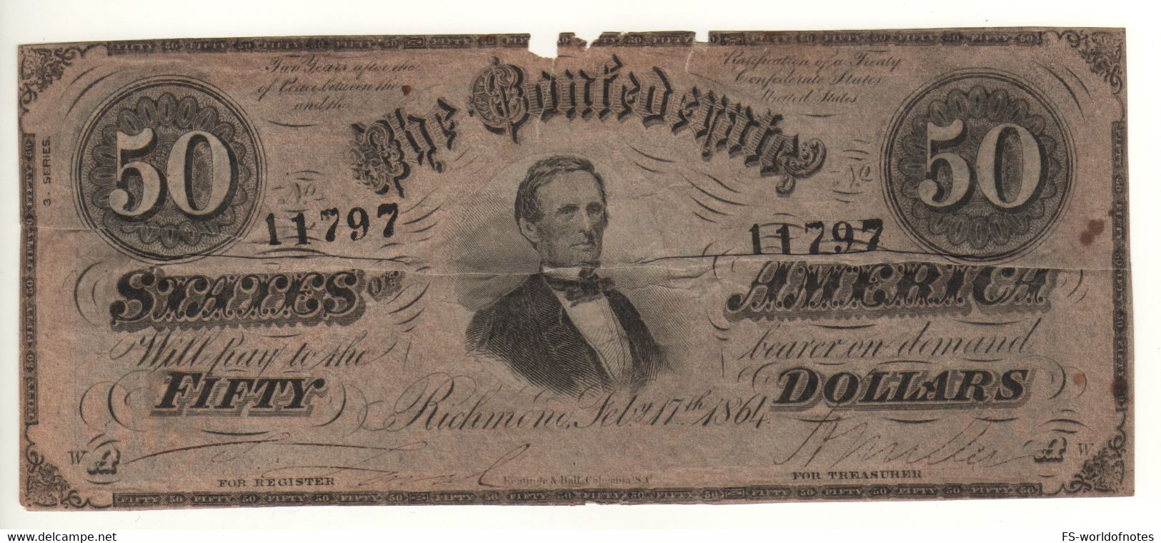 USA  Confederates  $ 50  L P70 Dated 1864   " President Jefferson Davies  " - Valuta Van De Bondsstaat (1861-1864)