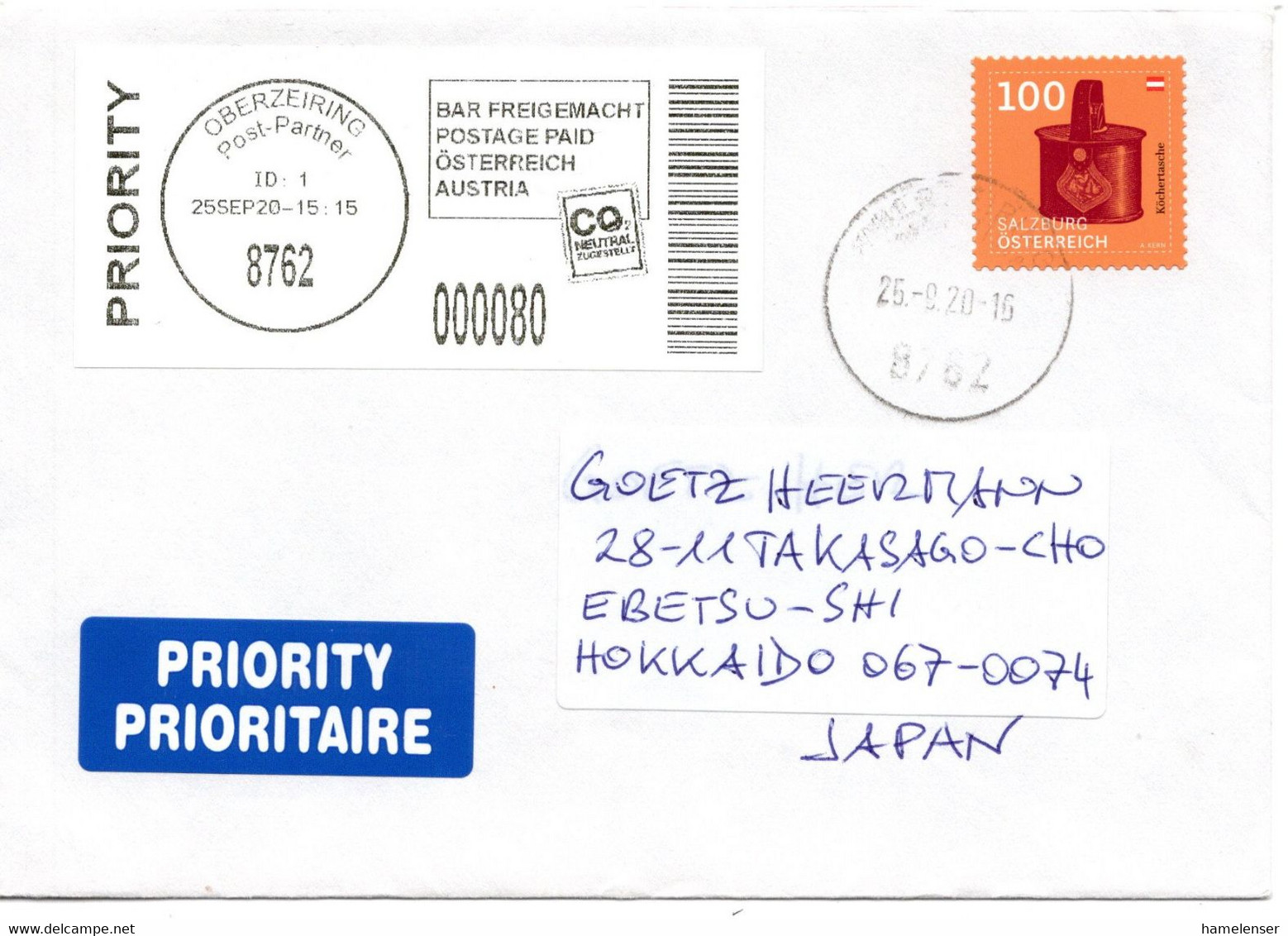 59244 - Österreich - 2020 - 100c Koechertasche MiF A LpBf OBERZEIRING POST-PARTNER -> Japan - Lettres & Documents