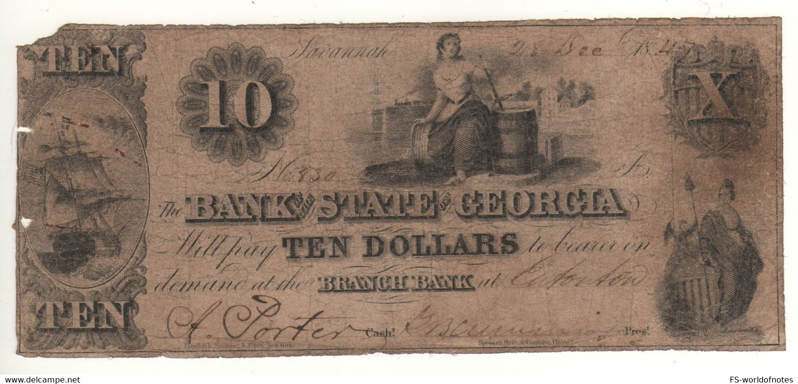 USA   $ 10  "The State Of Georgia  1847  " Sailings Ship + Women " ( Issued-genuine ! ) - Confederate Currency (1861-1864)