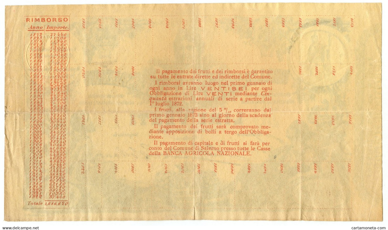 20 LIRE OBBLIGAZIONE DEL COMUNE DI SALERNO 15/04/1872 BB - [ 7] Fautés & Variétés