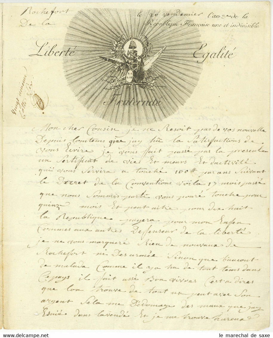 Guerres Revolution 1794 Rochefort Superbe Vignette Capitaine Grillard Vendée - Army Postmarks (before 1900)