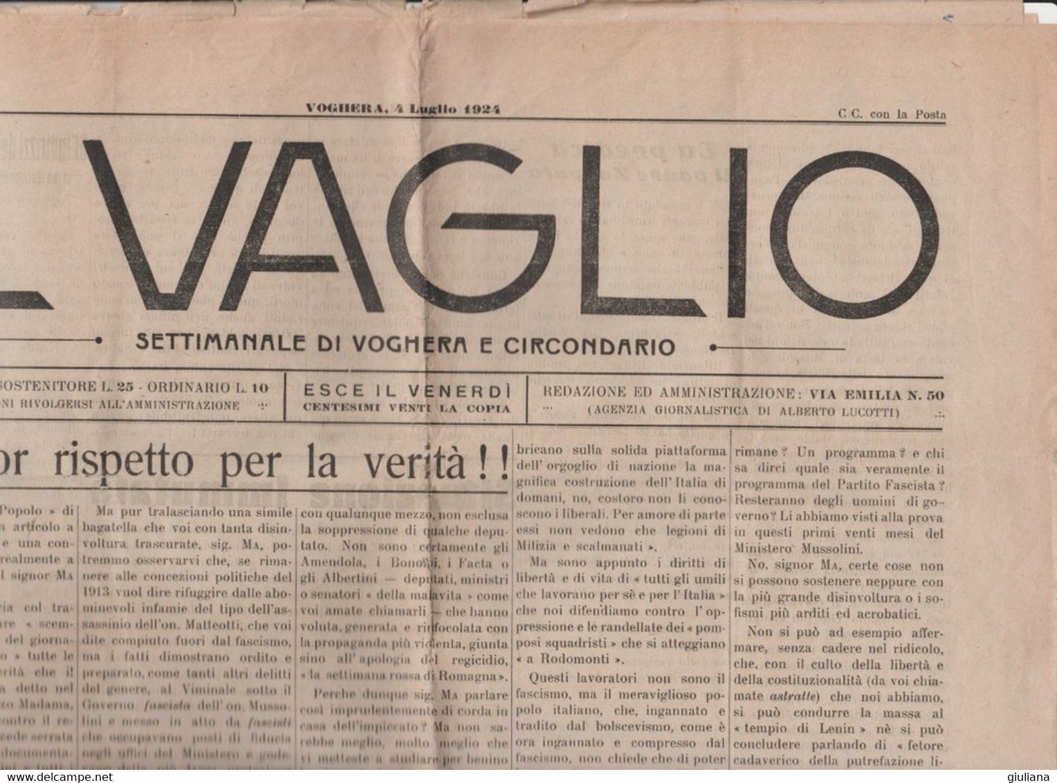 "IL VAGLIO"  Settimanale Di VOGHERA (PV) E Circondario. Nr. 26 Del 4 Luglio 1924 - 4 Pagine - Society, Politics & Economy
