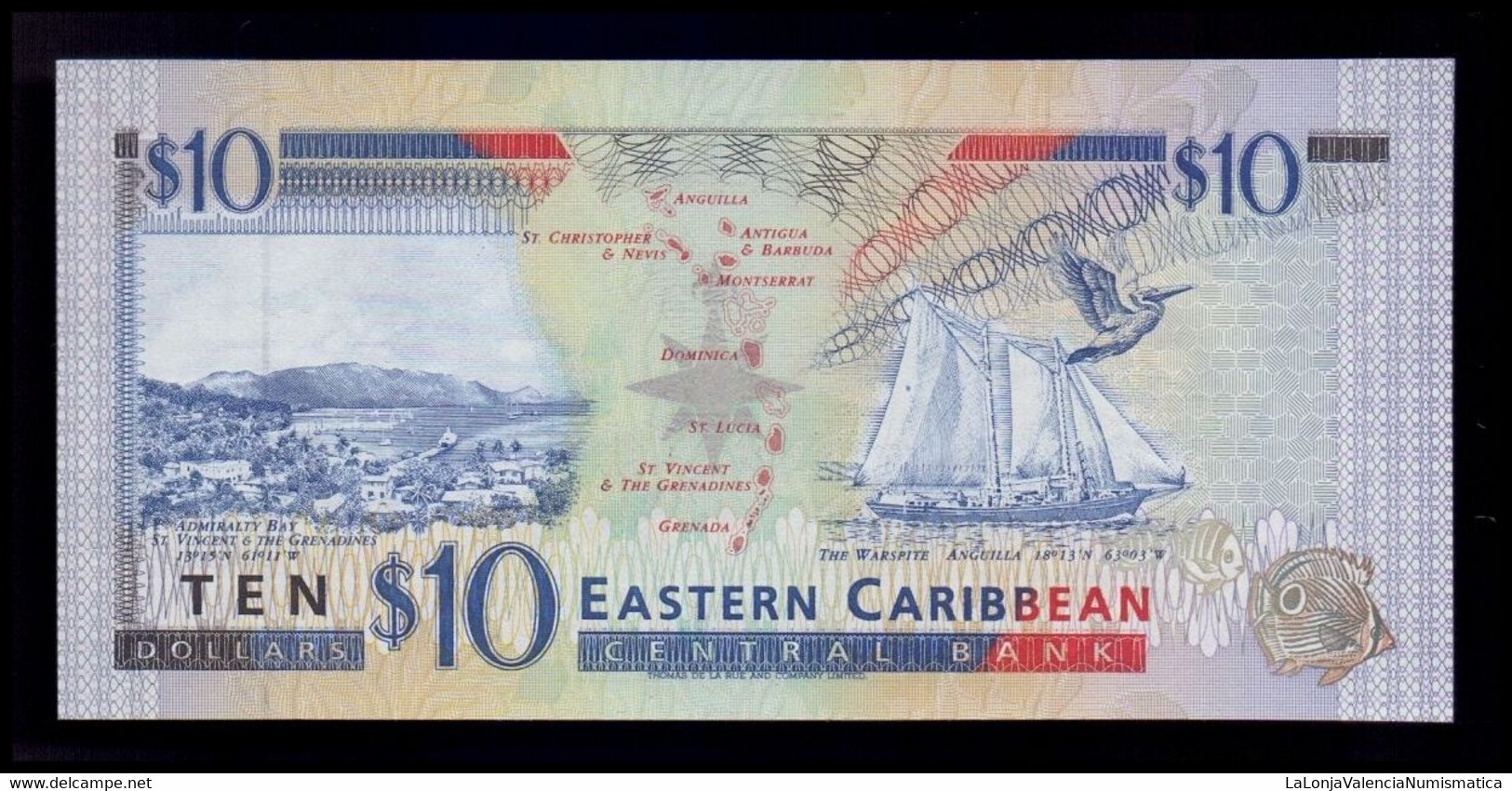 Estados Caribe East Caribbean Anguilla 10 Dollars 1994 Pick 32u SC UNC - East Carribeans