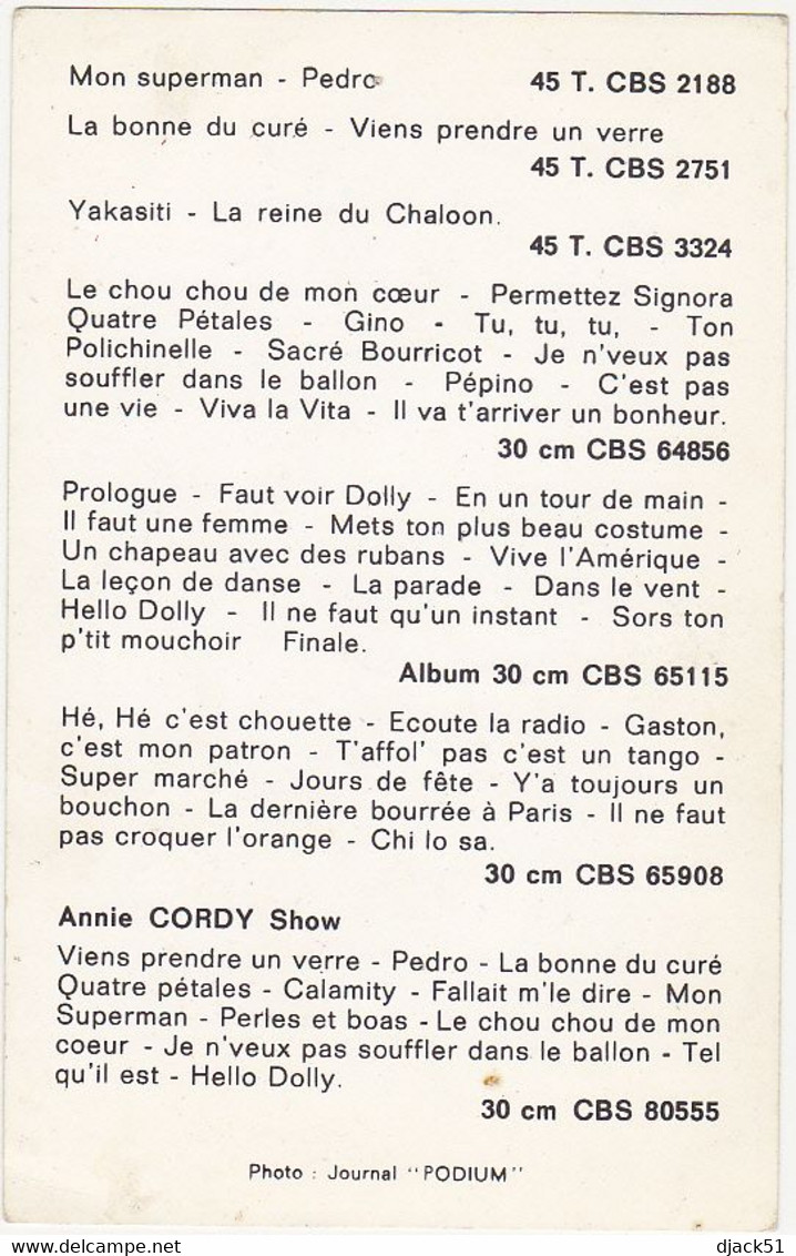 ANNIE CORDY - CBS - Photo Dédicacée / La Bonne Du Curé - Foto Dedicate