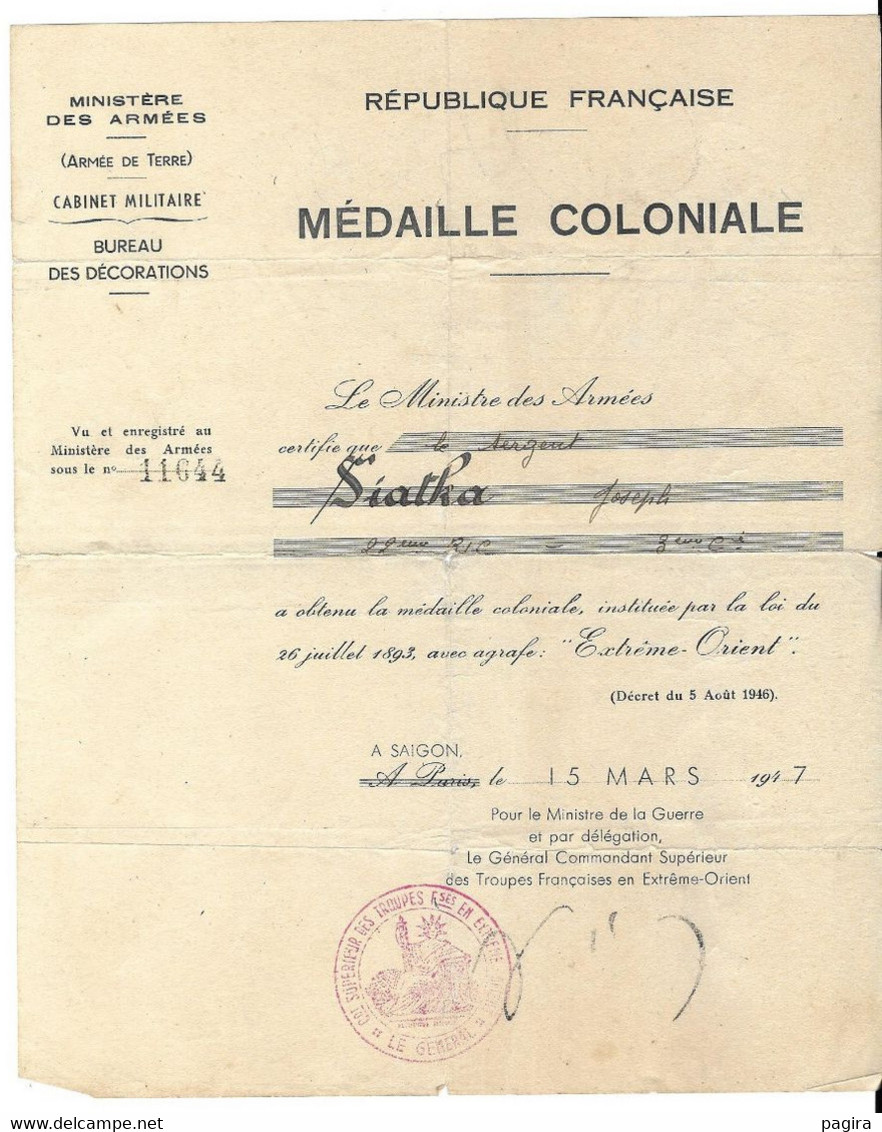 Guerre D' INDOCHINE  Diplome Médaille Coloniale - Documentos