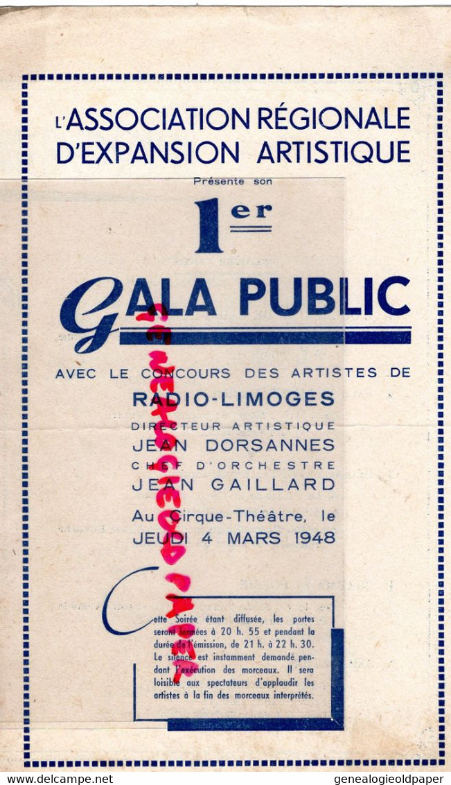 87-LIMOGES-PROGRAMME CIRQUE THEATRE 1948-JEAN DORSANNES-GAILLARD-PAUL METAYER-HELENE LAPORTE-GINETTE VERGNAUD - Programmes