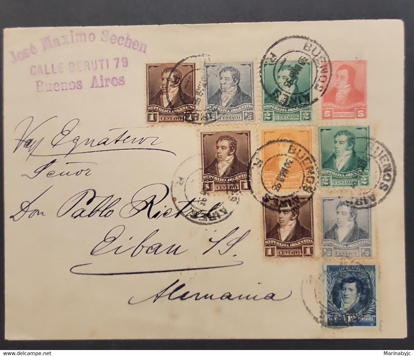 SO) 1893 ARGENTINA, POSTAL STATIONERY, BERNARDINO RIVADAVIA, IN VARIETY OF COLORS, CIRCULATED TO GERMANY - Brieven En Documenten