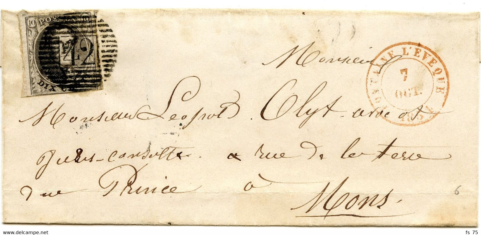 BELGIQUE - MEDAILLON N°6  OBLITERE P42 FONTAINE L'EVEQUE SUR LETTRE SANS CORRESPONDANCE POUR MONS, 1854 - 1851-1857 Medaglioni (6/8)