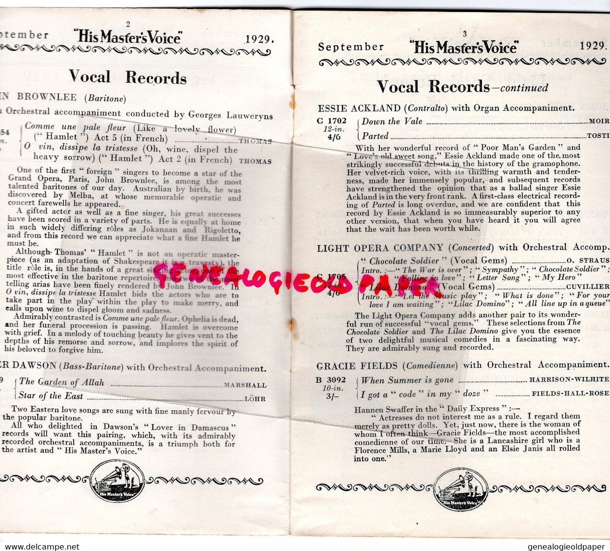 75- PARIS- PROGRAMME HIS MASTER 'S VOICE-1929-NEW RECORDS-CIE FRANCAISE GRAMOPHONE -LONDON- - Programma's