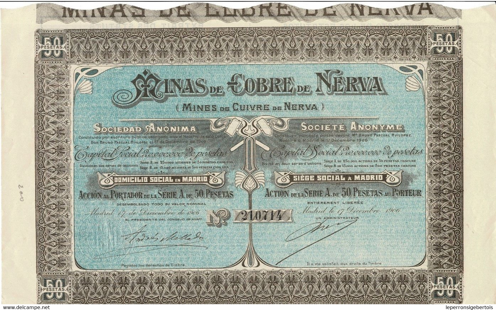 - Titulo De 1906 - Minas De Cobre De Nerva - Mines De Cuivre De Nerva - Navegación