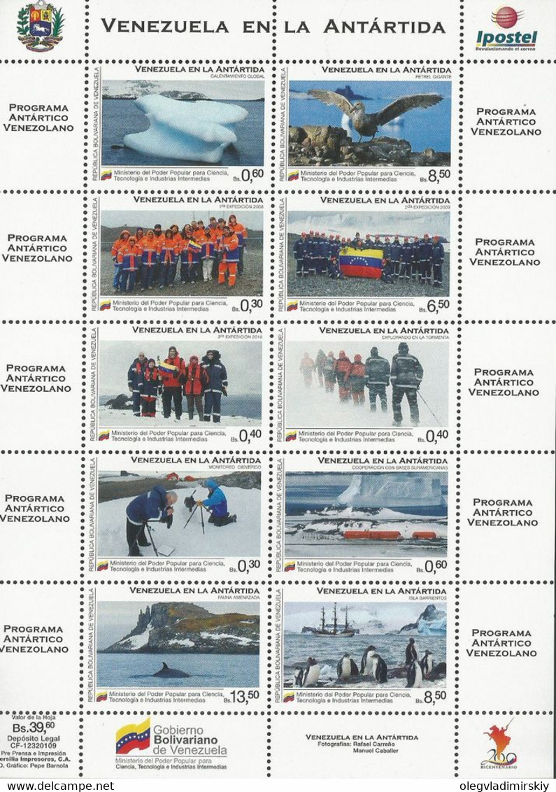 Venezuela 2010 Antarctic Expedition Ships, Penguins, Birds, Fish, Set Of 10 Stamps In Sheetlet - Fauna Antartica
