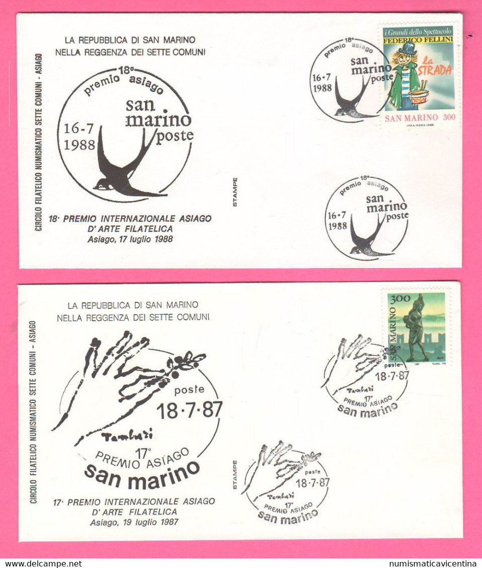 San Marino 2 FDC Nella Reggenza Di Asiago 1988 18° Premio D'Arte Filatelico 2 Fb Da 300 Lire - Usados