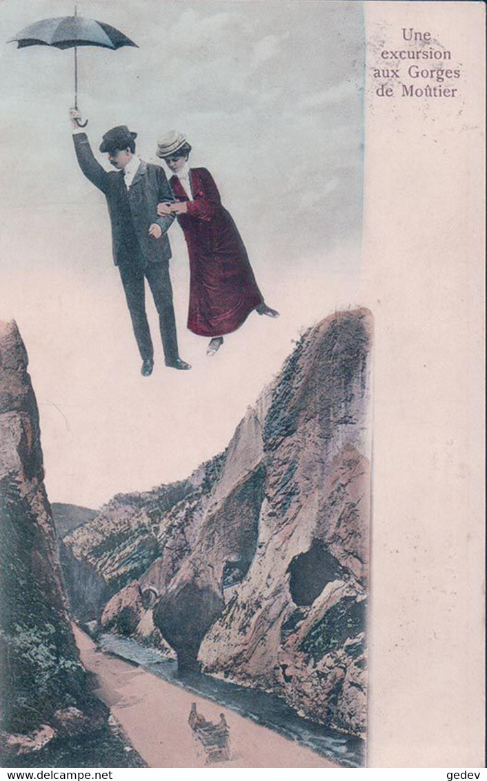 Gorges De Moûtier Vu Du Ciel, Couple En Vol Avec Parapluie (17.8.1908) - Moutier
