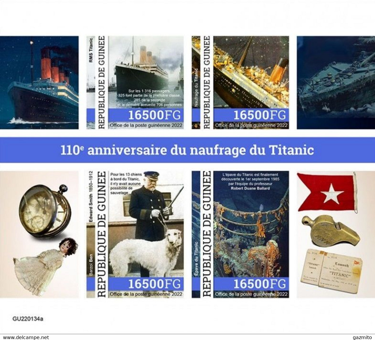 Guinea 2022, Titanic, Clock, Dog, 4val In BF IMPERFORATED - Horlogerie