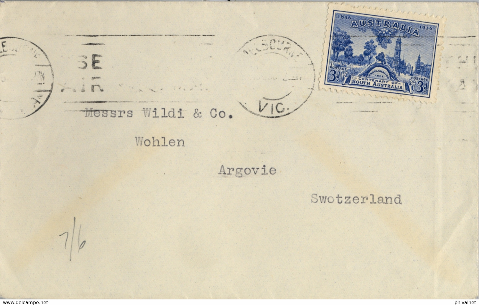 1936 AUSTRALIA , SOBRE CIRCULADO , YV. 108 - CENTENARIO DE LA COLONIA DE AUSTRALIA DEL SUR , MELBOURNE - Cartas & Documentos