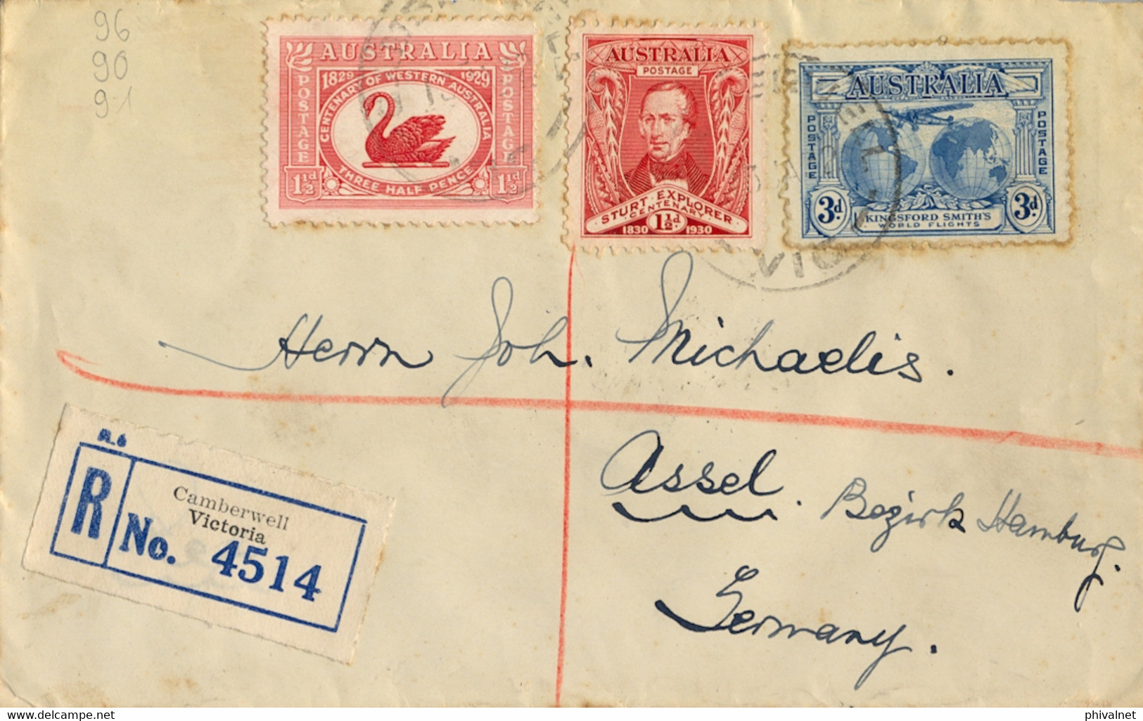 1932 AUSTRALIA , SOBRE CIRCULADO , YV. 67 , 68 / 69 - CAMBERWELL - ASSEL , CERTIFICADO VIA MELBOURNE , LLEGADA - Covers & Documents