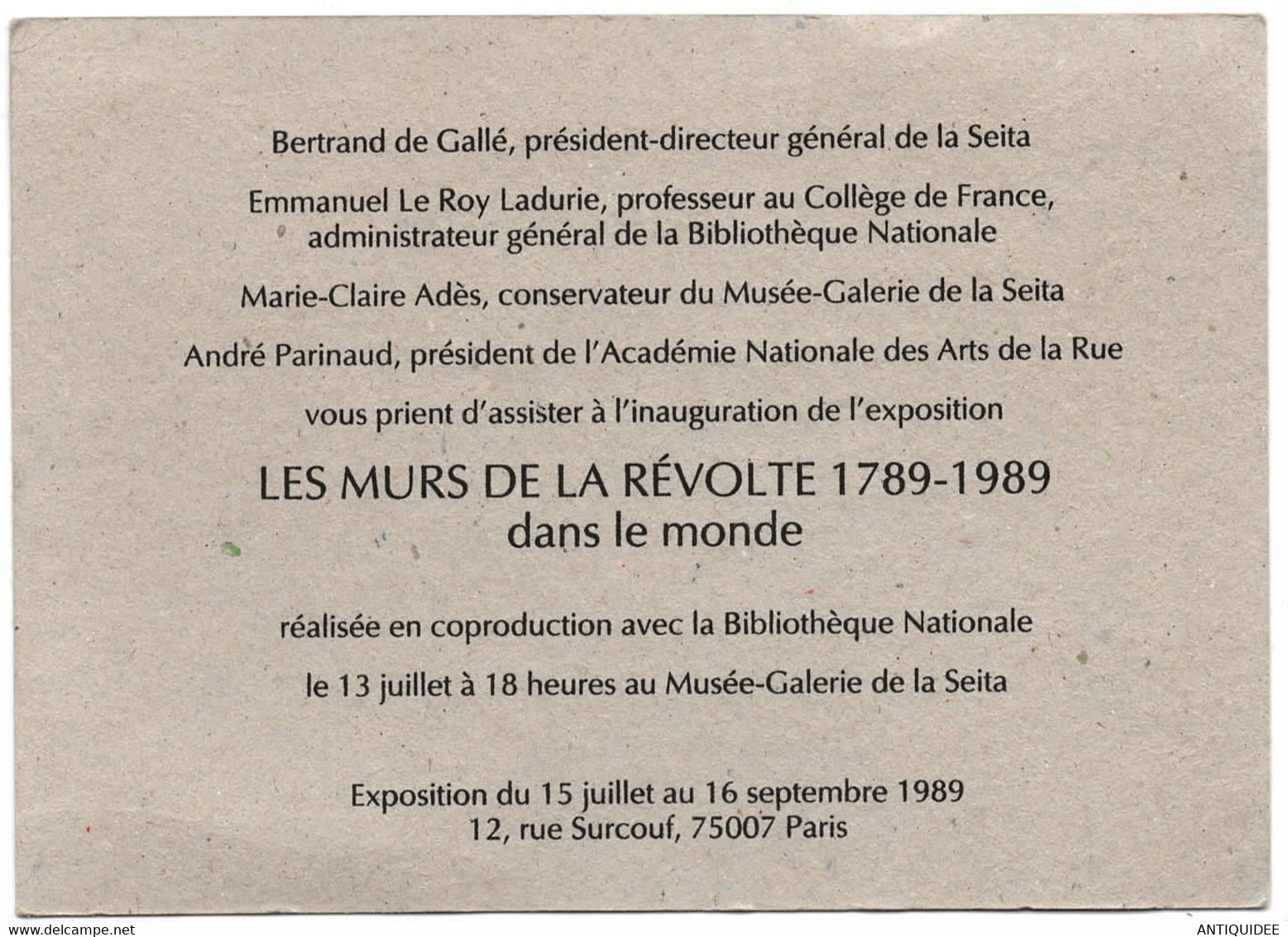 CARTON D' INVITATION Au Vernissage De L'Exposition " LES MURS DE LA REVOLTE 1789 -1989 " - - Documenti