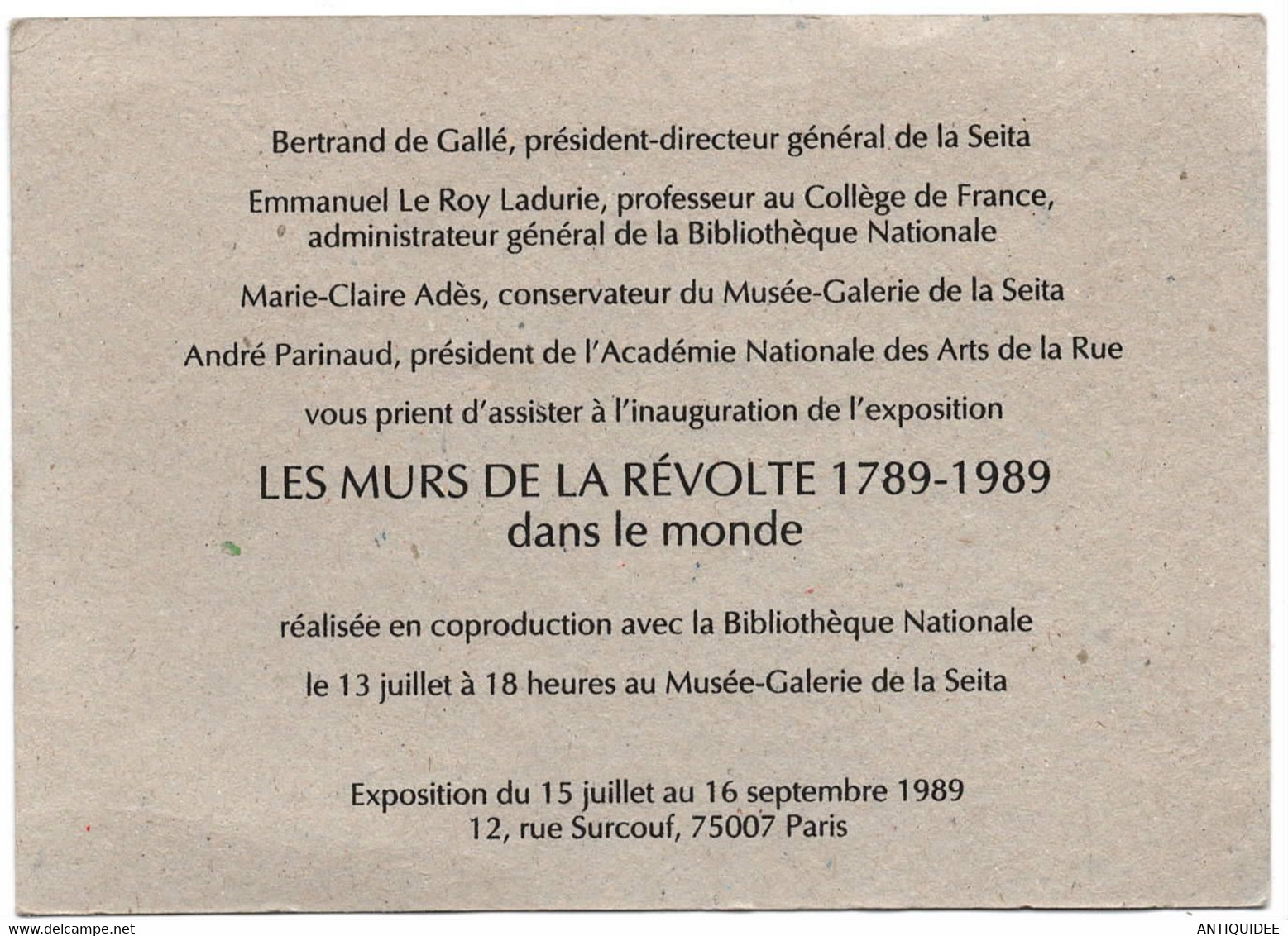 CARTON D' INVITATION Au Vernissage De L'Exposition " LES MURS DE LA REVOLTE 1789 -1989 " - - Documents