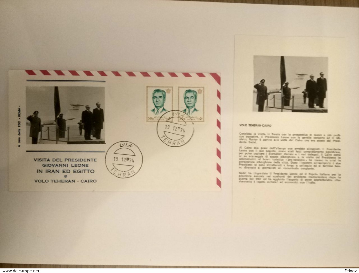 Visit Of Giovanni Leone Italy President From Shah Iran 1974 FDC With Postcard - Iran