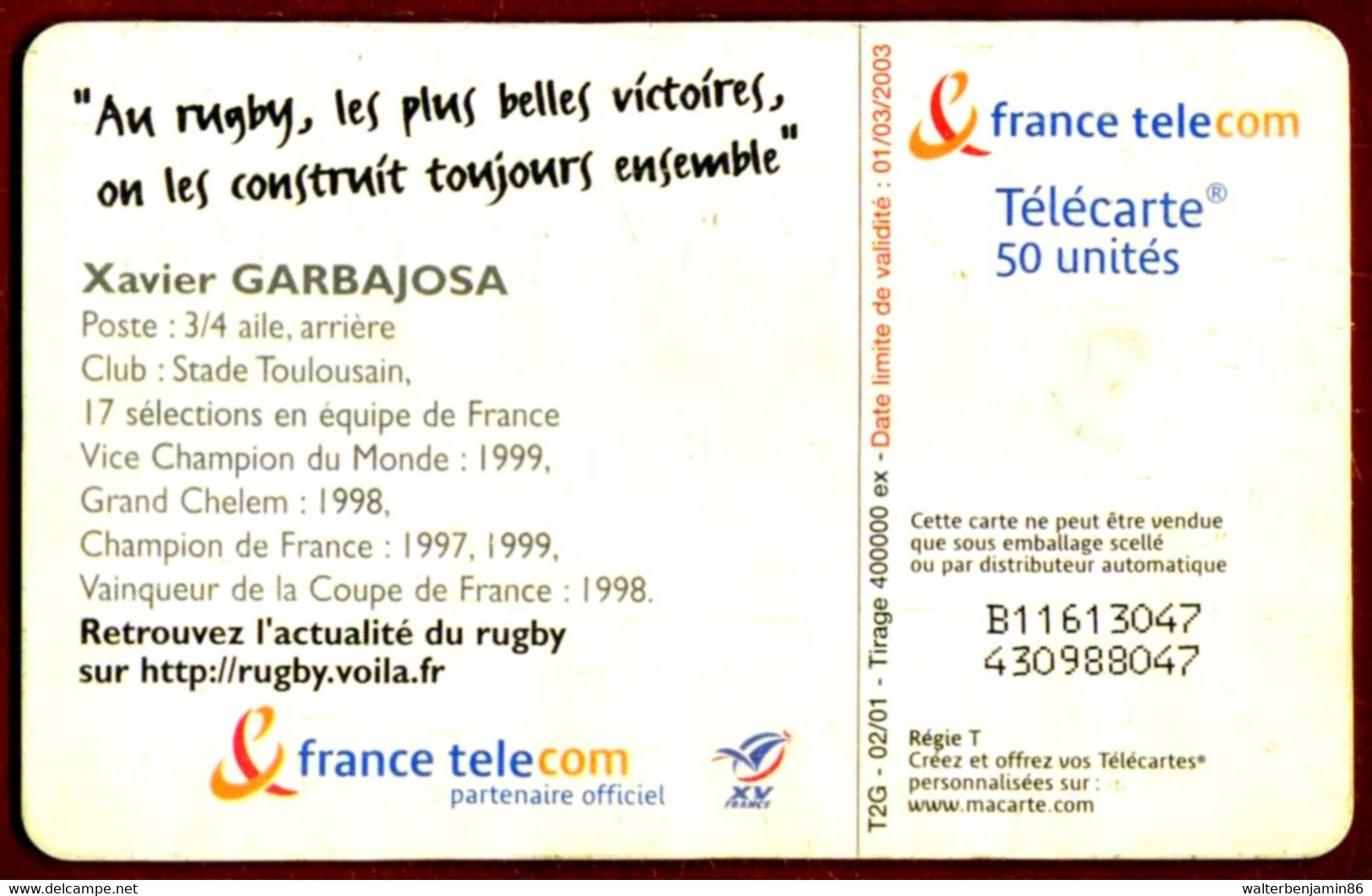 SCHEDA TELEFONICA PHONECARD P 1121 FRANCE 2001 RUGBY GARBAJOSA 2^A QUALITÀ - 2001