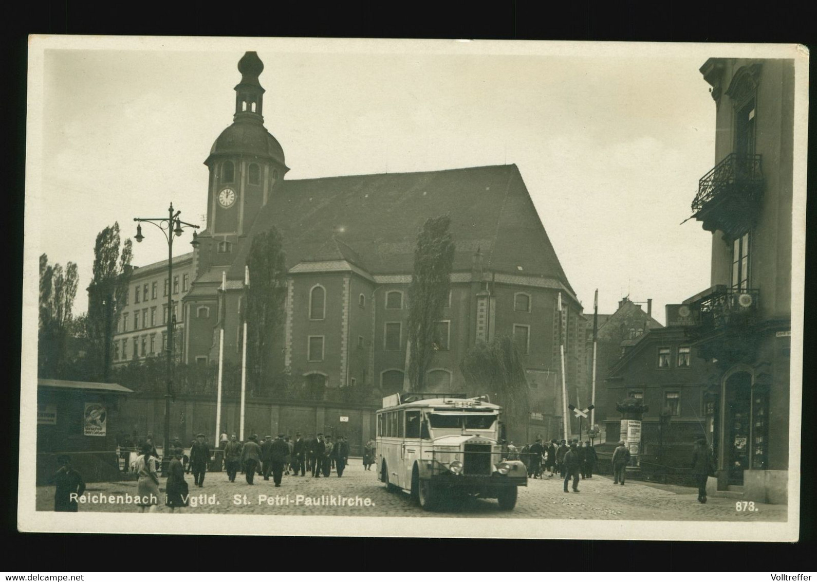 Orig. Foto AK Um 1930, Reichenbach Vogtland, ST. Petri Paulikirche, Davor Herrlicher Oldtimer Bus, Litfaßsäule - Reichenbach I. Vogtl.