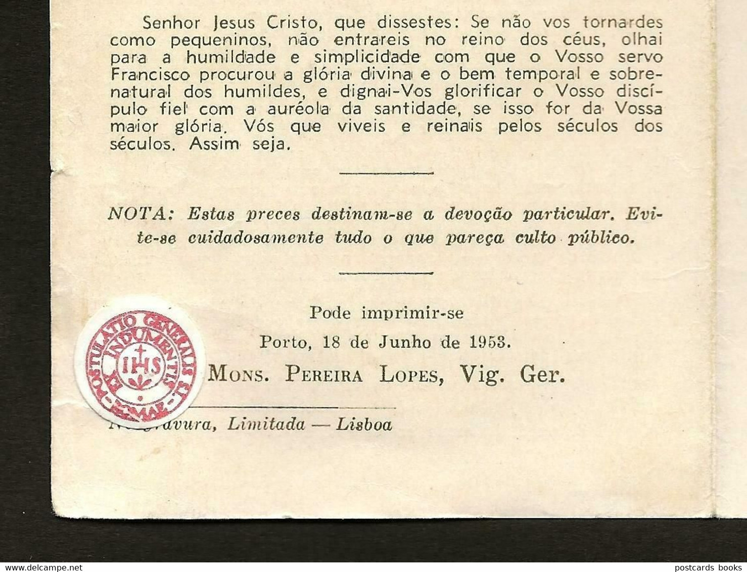 Pagela PADRE CRUZ Relic EX INDUMENTIS Tissue Official Seal POSTULATIO GENERALIS. Portuguese Father Jesuit Priest - Andachtsbilder