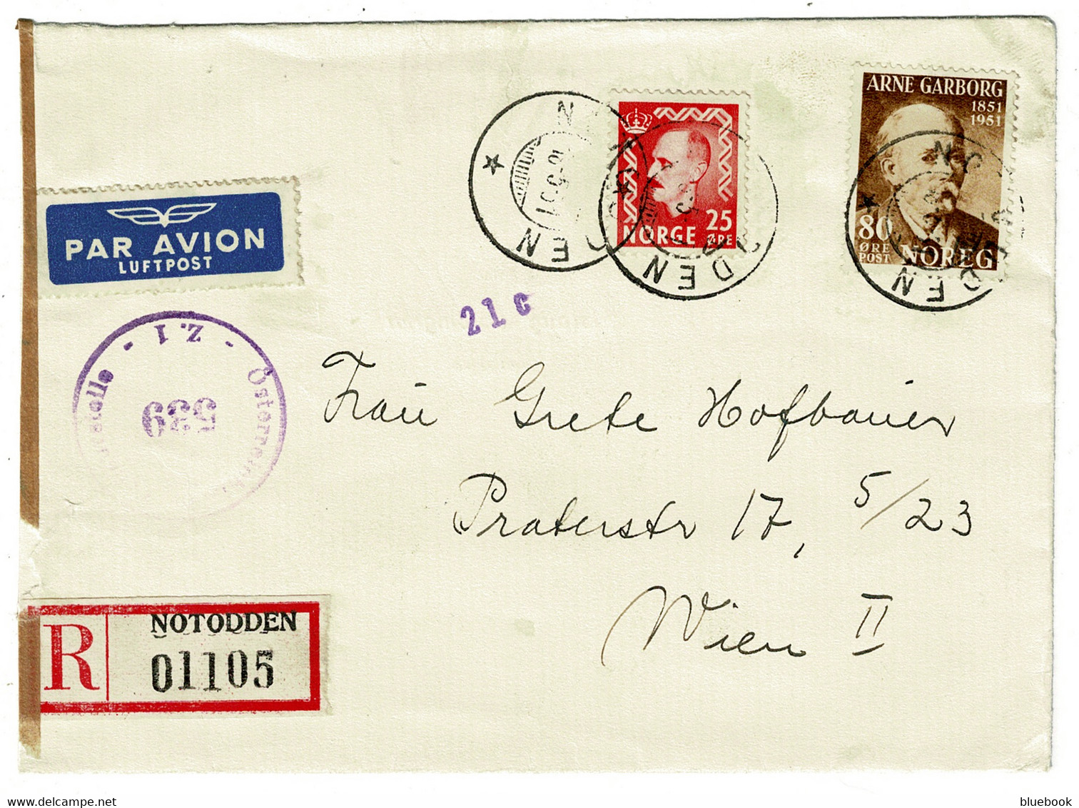 Ref 1546 - 1951 Registered Airmail Censored Cover - Norway 105 Ore Rate To Austria - Lettres & Documents