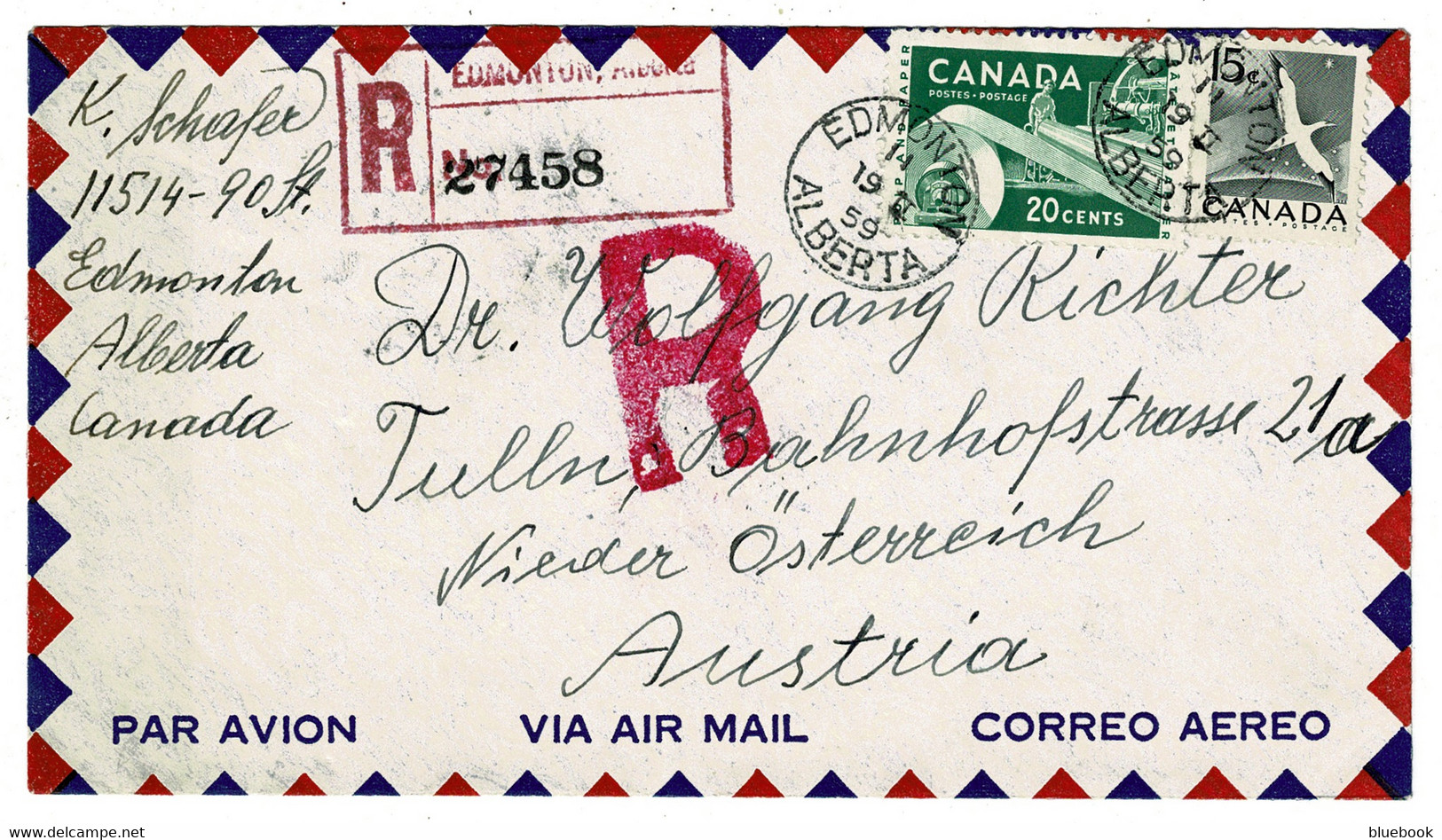 Ref 1546 - 1959 Registered Airmail Cover Edmonton Alberta Canada 35c Rate To Austria - Covers & Documents