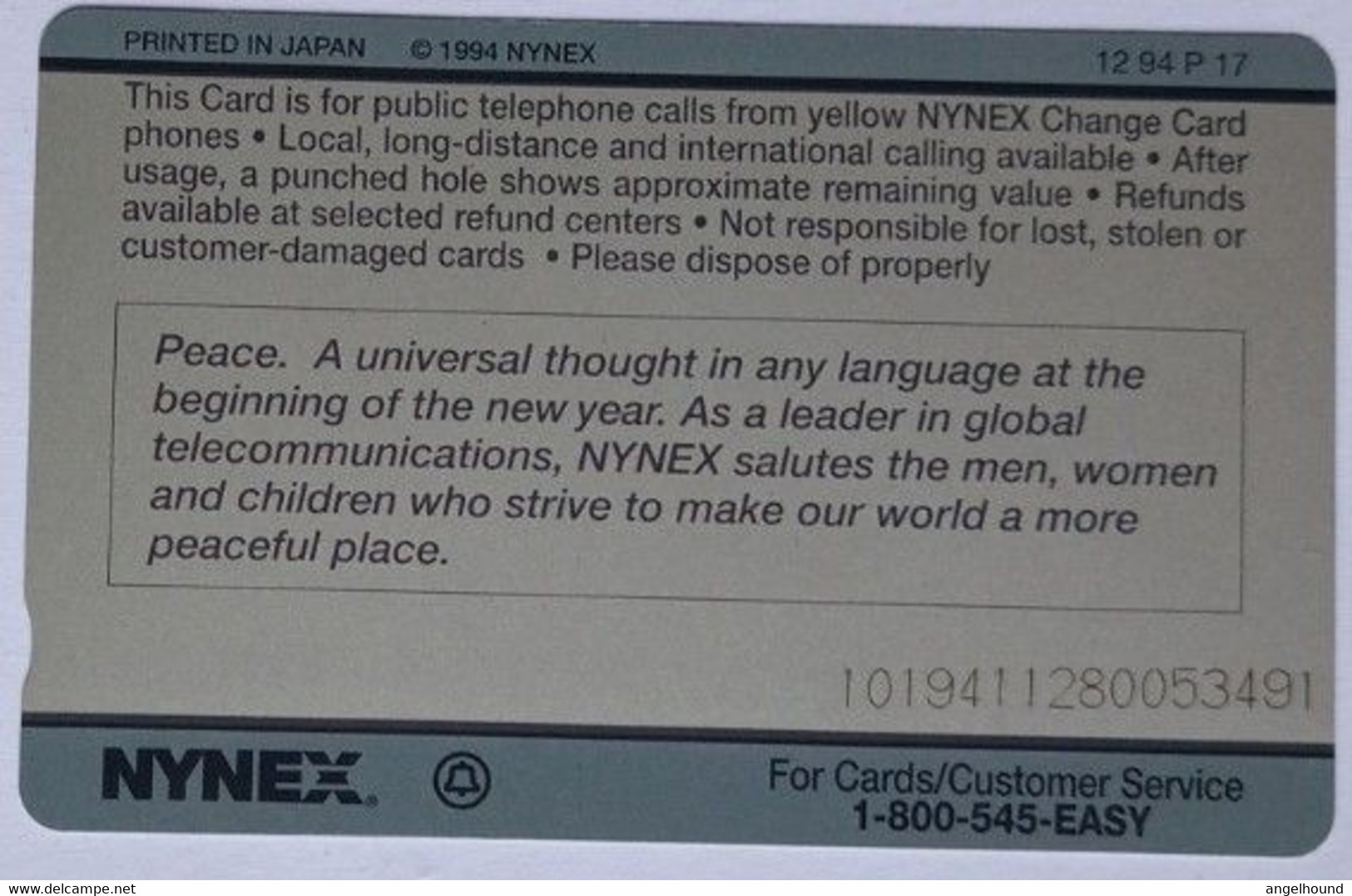 USA Nynex MINT Tamura $5 " PEACE 1995 - Dove " - Cartes Magnétiques