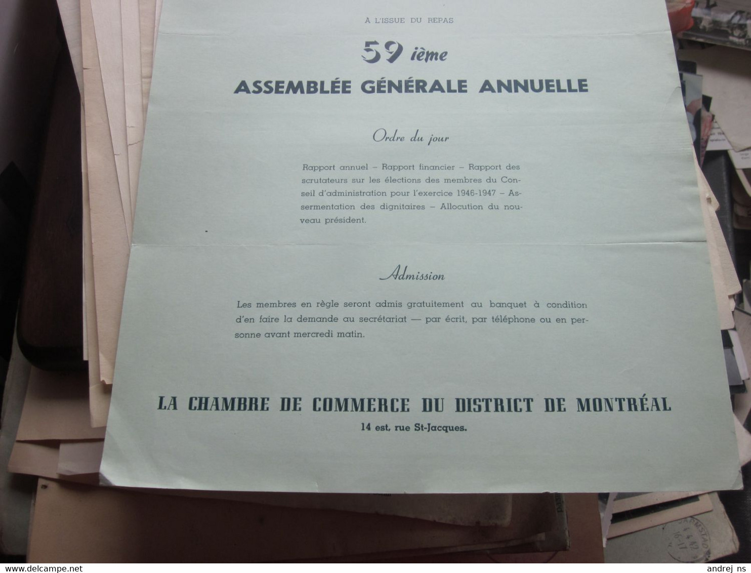 Banquet Annuel Hotel Windsor 59 Assemblee Generale Annuelle Montreal - Canada