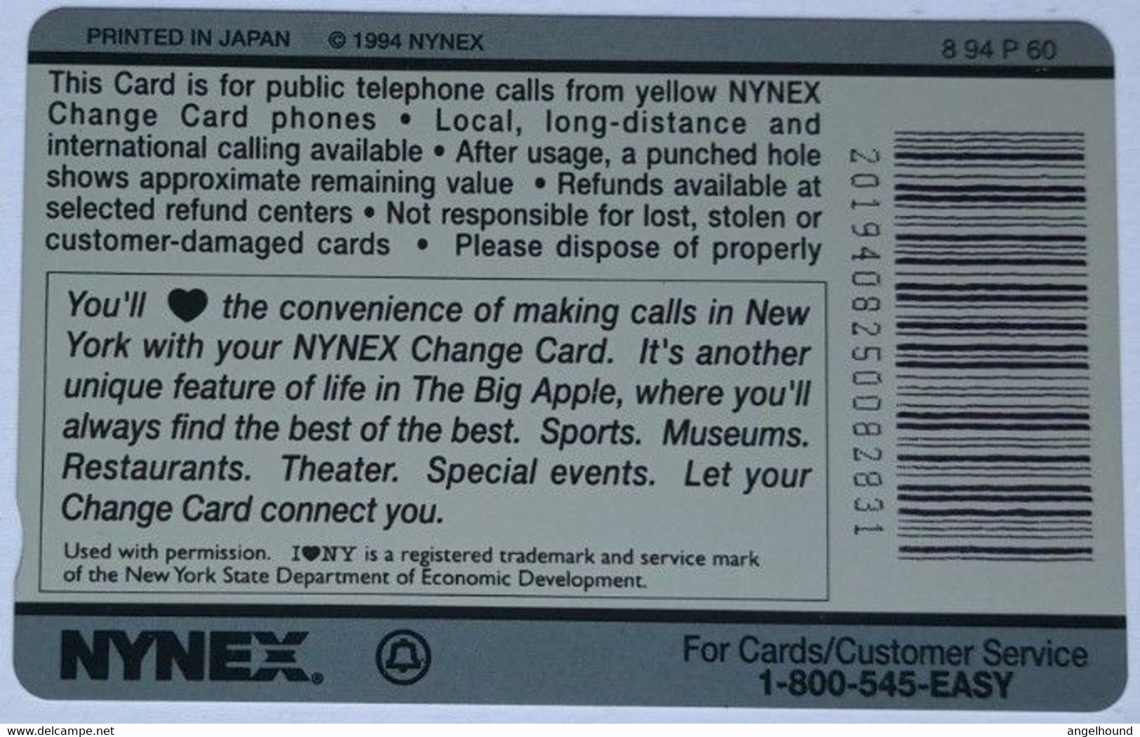 USA Nynex Mint Tamura $5 " Ilove New York ( Apple )" - [3] Tarjetas Magnéticas