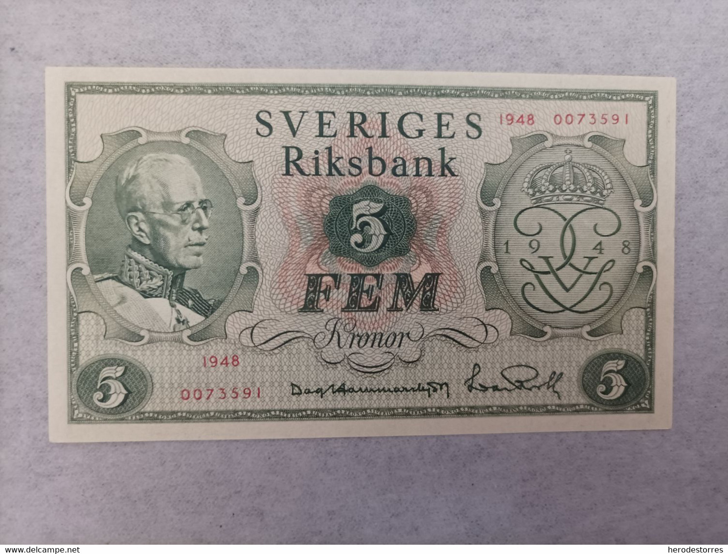 Billete De Suecia De 5 Kronor, Año 1948, Nº Bajo 0073591, UNC - Svezia