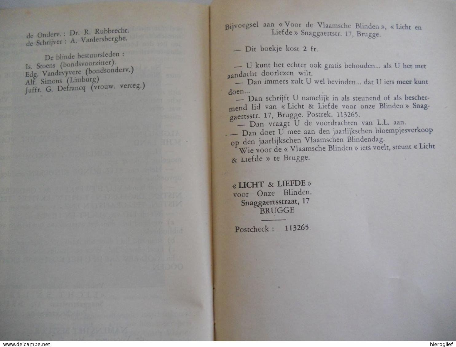 VOOR DE VLAAMSCHE BLINDEN - LICHT EN LIEFDE Brugge Snaggaertstraat 1930 Uitgave Excelsior / Spermalie - Antiquariat