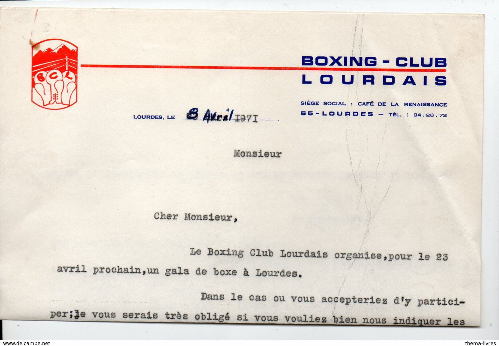 Lourdes (65 Hautes Pyrénées)  Letre à Entête BOXING CLUB LOURDAIS  1971  (PPP37330) - Andere & Zonder Classificatie