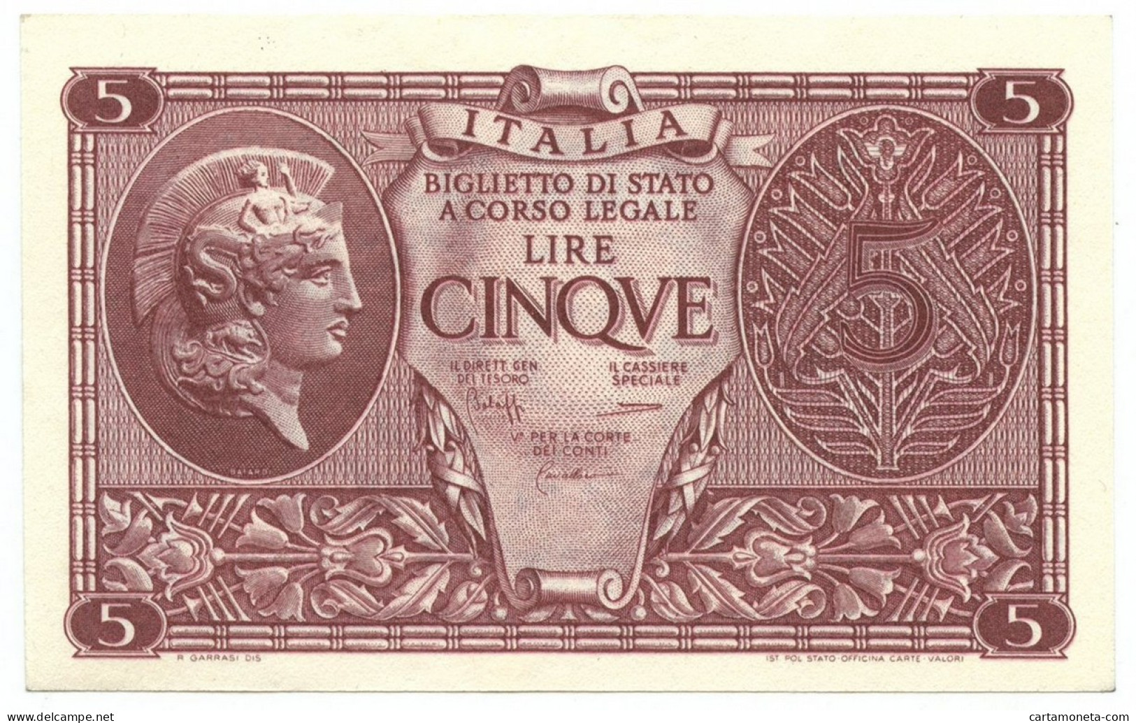 5 LIRE BIGLIETTO STATO ATENA LUOGOTENENZA UMBERTO CAVALLARO 23/11/1944 SUP+ - Regno D'Italia - Altri