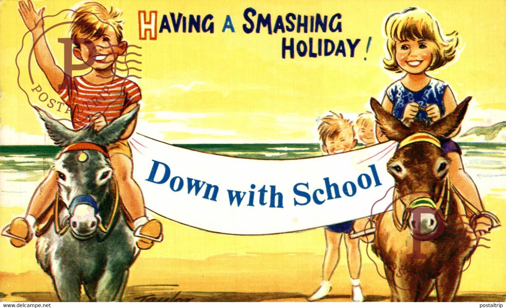 TAYLOR ILLUSTRATION.HAVING A SMASHING HOLIDAY! . SEASIDE KIDDY BAMFORTH CHILDRENS BURROS DONKEYS ÂNES - Taylor