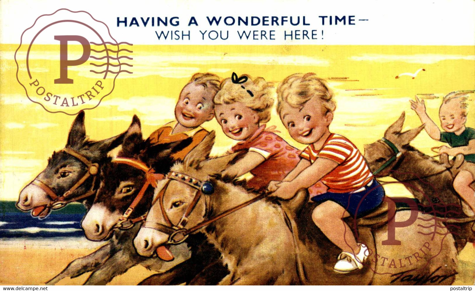 TAYLOR ILLUSTRATION. HAVING A WONDERFUL TIME. SEASIDE KIDDY BAMFORTH. CHILDRENS BURROS DONKEYS ÂNES - Taylor