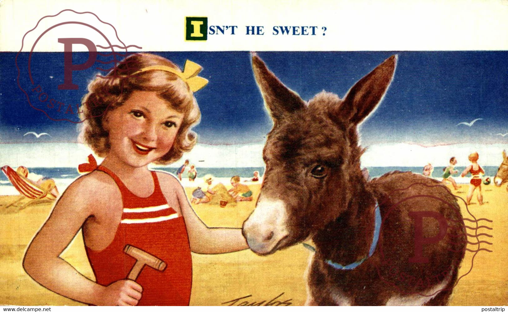 TAYLOR ILLUSTRATION. ISN'T HE SWEET?. SEASIDE KIDDY BAMFORTH. CHILDRENS BURROS DONKEYS ÂNES - Taylor