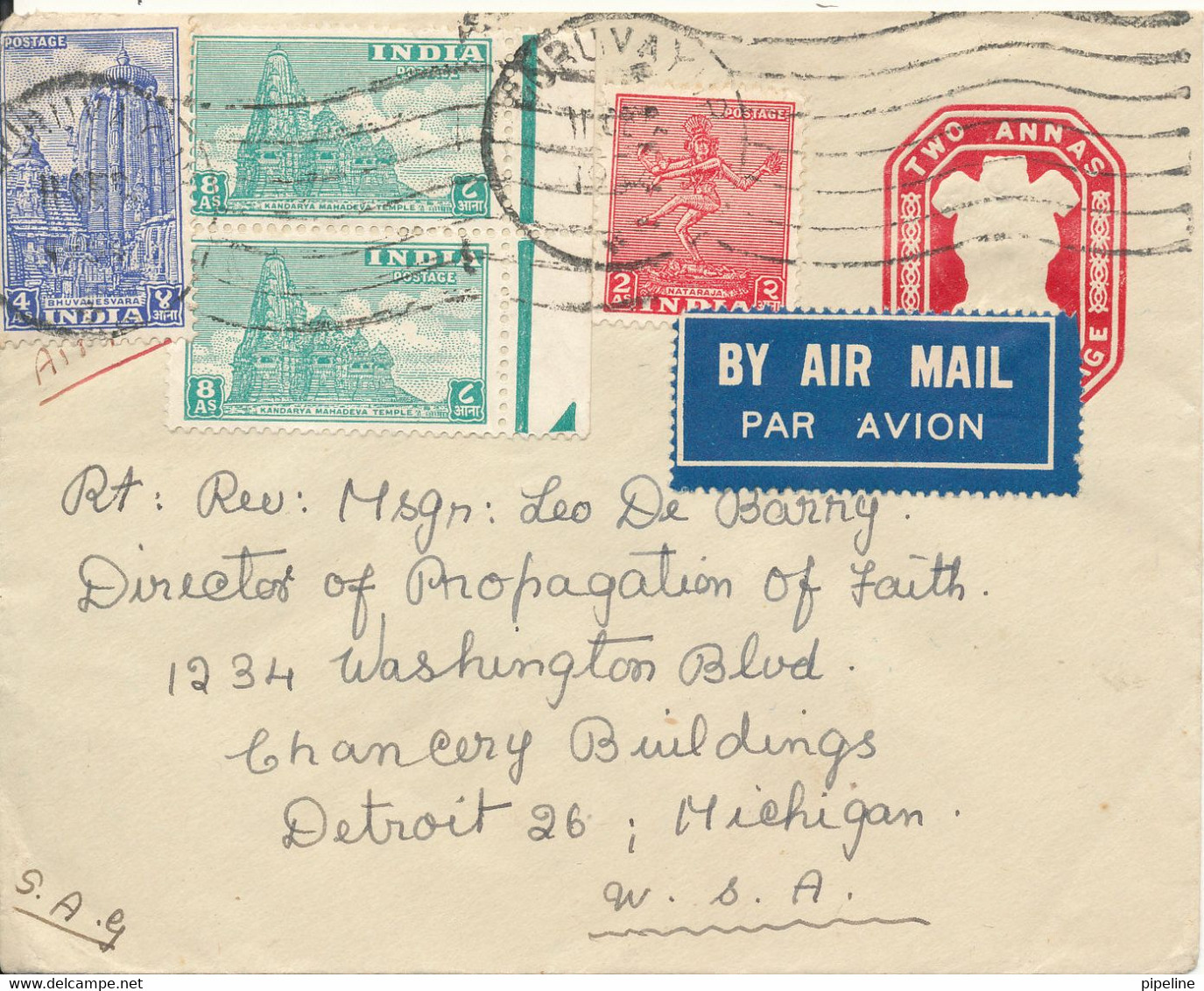 India Postal Stationery Cover Uprated And Sent To USA 1954 - Covers