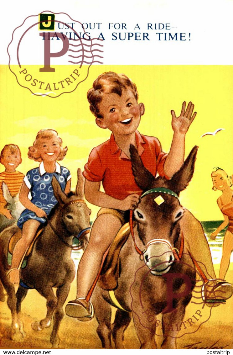 TAYLOR ILLUSTRATION. HAVING A SUPER TIME. SEASIDE KIDDY BAMFORTH & CO CHILDRENS BURROS DONKEYS ÂNES - Taylor