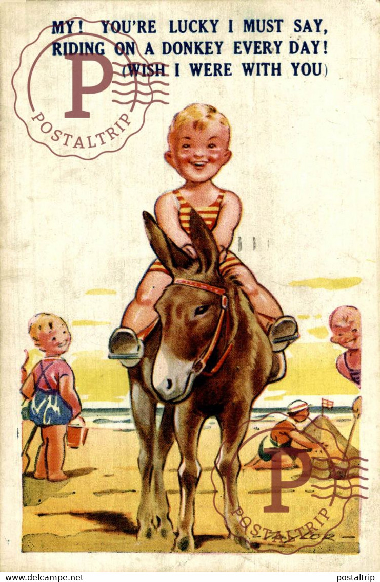 TAYLOR ILLUSTRATION YOU'RE LUCKY I MUST SAY RIDING ON A DONKEY HOLIDAY REPLY BAMFORTH & CO CHILDRENS BURROS DONKEYS ÂNES - Taylor