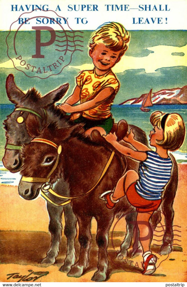 TAYLOR ILLUSTRATION. HAVING A SUPER TIME SHALL BE SORRY LEAVE SEASIDE COMIC BAMFORTH & CO CHILDRENS BURROS DONKEYS ÂNES - Taylor