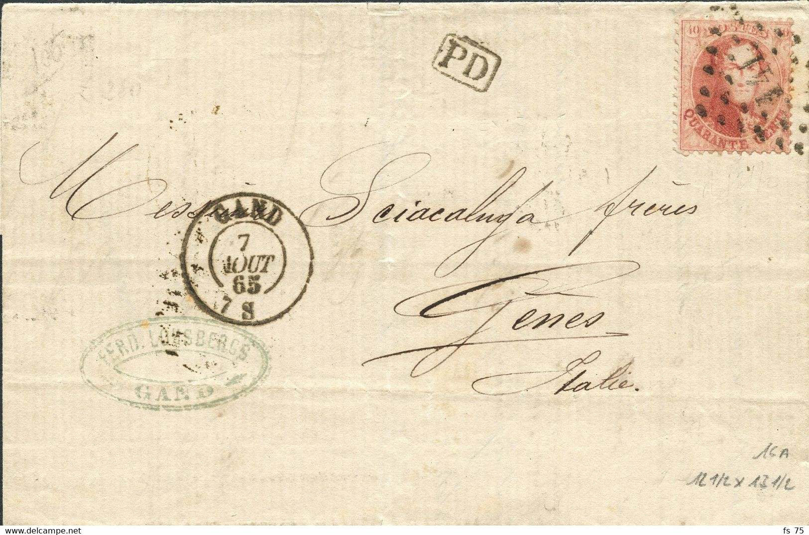 BELGIQUE - MEDAILLON N°16A OBLITERE LOSANGE 141 GAND SUR LETTRE SANS CORRESPONDANCE POUR GENES, 1865 - 1863-1864 Medaillen (13/16)