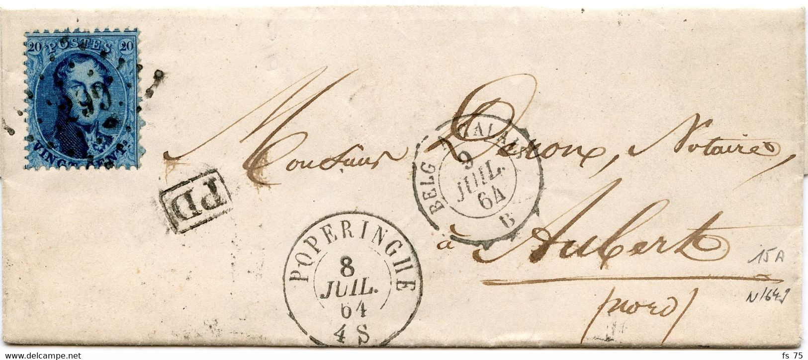 BELGIQUE - MEDAILLON N°15A OBLITERE LOSANGE 299 POPERINGHE SUR LETTRE FRONTALIERE  AVEC CORRESPONDANCE POUR AUBERT, 1864 - 1863-1864 Medaglioni (13/16)