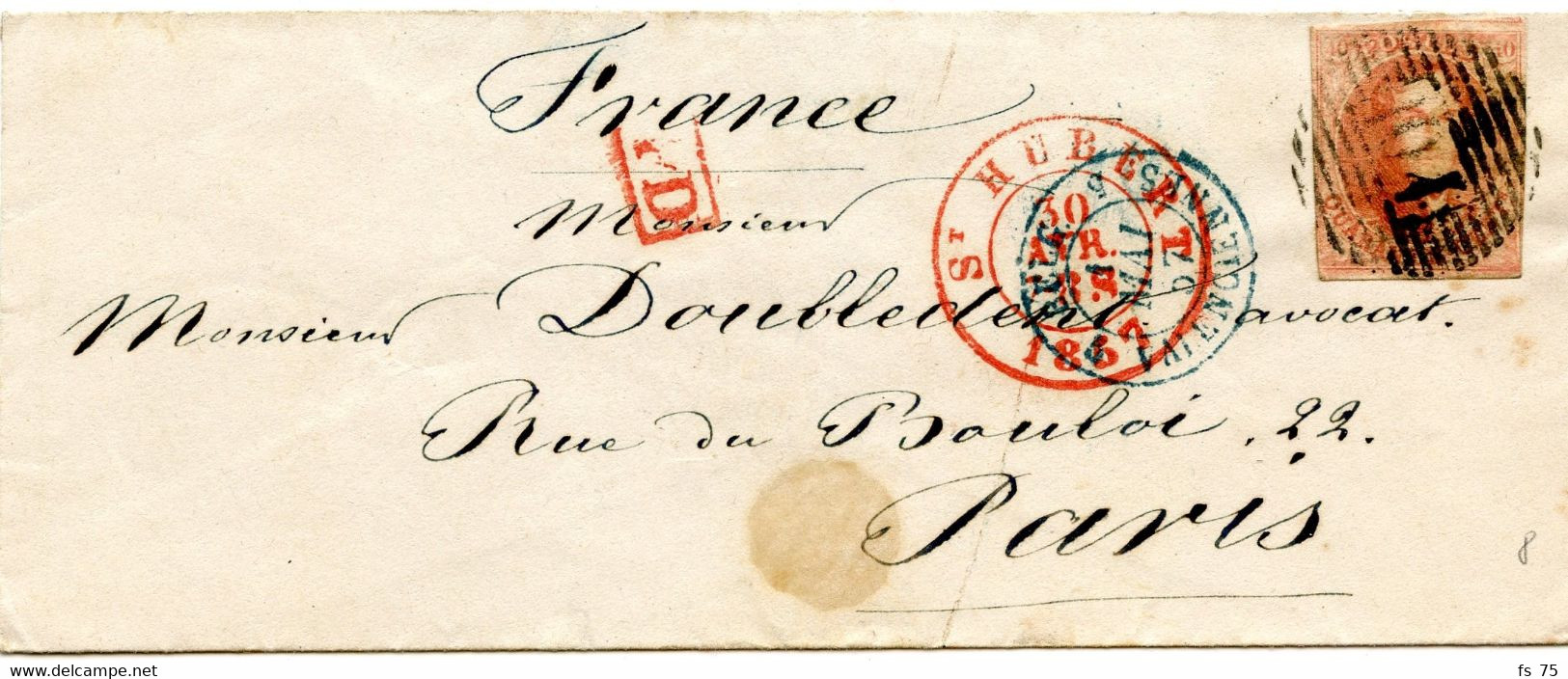 BELGIQUE - MEDAILLON N°8 (DEFAUT) OBLITERE P104 ST HUBERT SUR LETTRE SANS CORRESPONDANCE POUR PARIS, 1857 - 1851-1857 Medallones (6/8)