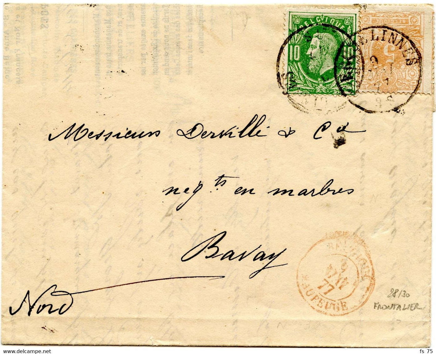 BELGIQUE - 28+30 OBLITERES TAD ERQUELINNES SUR LETTRE FRONTALIERE AVEC CORRESPONDANCE POUR BAVAY, 1877 - 1869-1883 Léopold II