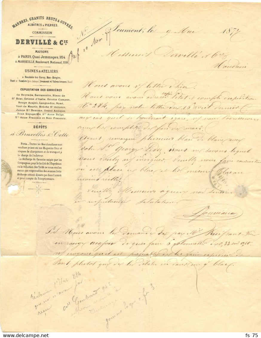BELGIQUE - 28+30 OBLITERES TAD ERQUELINNES SUR LETTRE FRONTALIERE AVEC CORRESPONDANCE POUR BAVAY, 1877 - 1869-1883 Leopoldo II