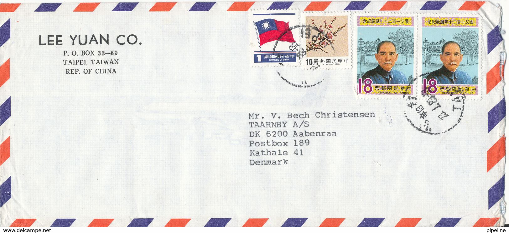 China Taiwan Air Mail Cover Sent To Denmark 1989 ?? - Poste Aérienne